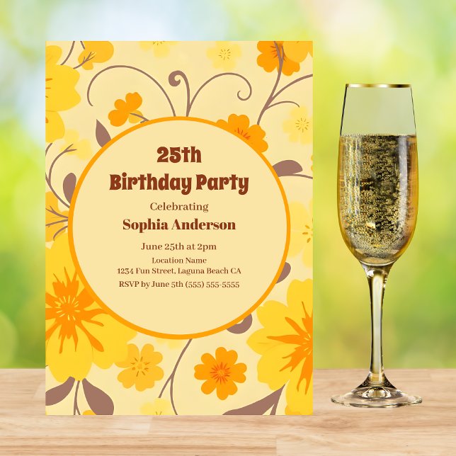 Flores Amarelas Retro Ensolarado - Convite de Aniv (Retro Sunshine Yellow Flowers-Birthday Invitation )