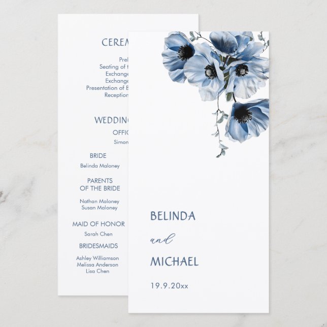 Flores Azuis Artísticas | Programa de Casamento (Frente/Verso)