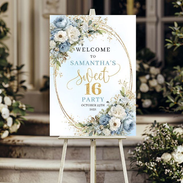 Flores Azuis Bohemianas Doce 16 Poster (Bohemian Light Blue Flowers Sweet 16 Poster)