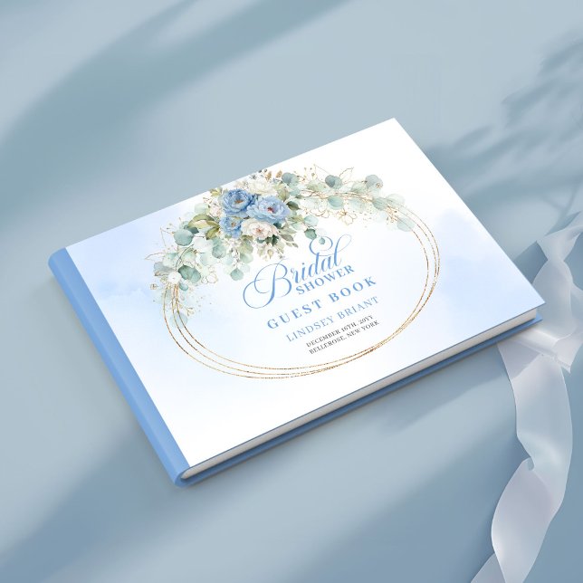 Flores Azuis Chiques e Livro de Visitas de Chás de (Chic Blue Flowers and Gold Bridal Shower Guestbook)