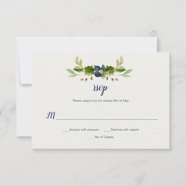 Flores Azuis De Aquarelas, Bolotas, Oak Deixa RSVP (Frente)