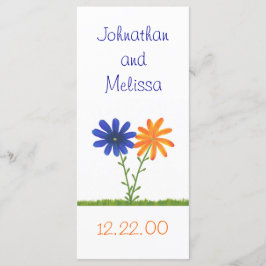 Flores azuis e laranja, cartões de menu personaliz