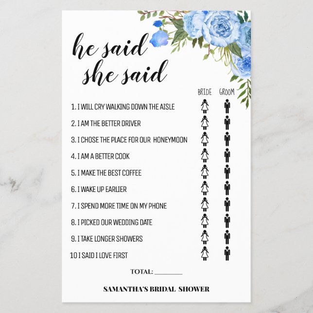 Flores Azuis Ele disse que ela disse cartão de Chá (Frente)