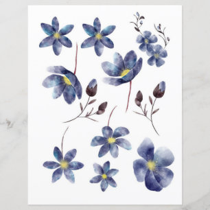 Flores azuis em aquarela para recortar e colar