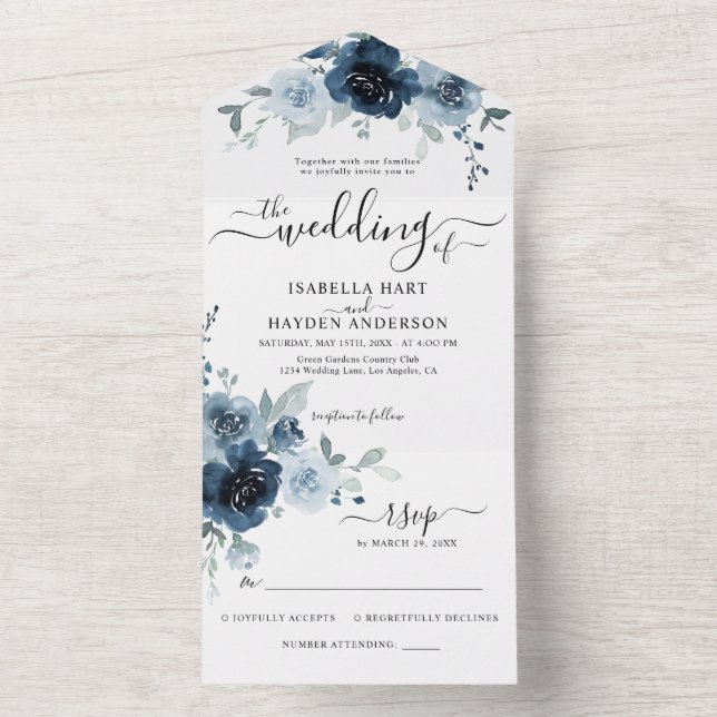Flores Azuis marinhos Casamento Botânico RSVP Todo (Interno)