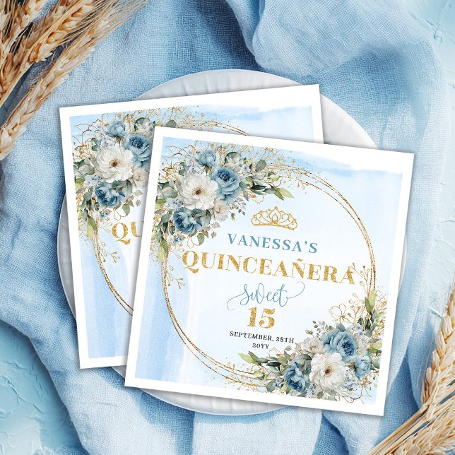 Flores Azuis Pastel Dourado Guardanapos de 15 Anos (Pastel Blue Flowers Gold 15th Birthday Napkins)