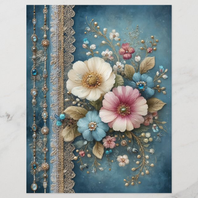 Flores Azuis Teais Papel de Scrapbook Journal Arru (Frente)