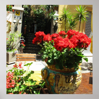 FLORES AZUIS VERMELHOS NO POSTER DE POTE CERÂMICO