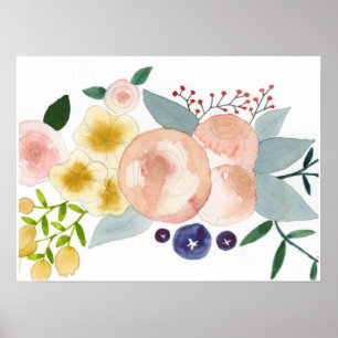 Flores, Berries e Folhas de Poster de Aquarela