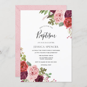 Flores Blush e Borgonha Convite Baptism