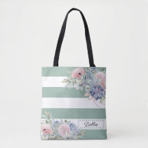Flores bonito E Sage Green Stripes Tote Bag