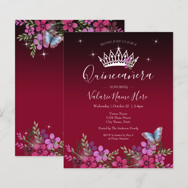 Flores Borboleta Quinceanera Orçamento Convite (Frente/Verso)