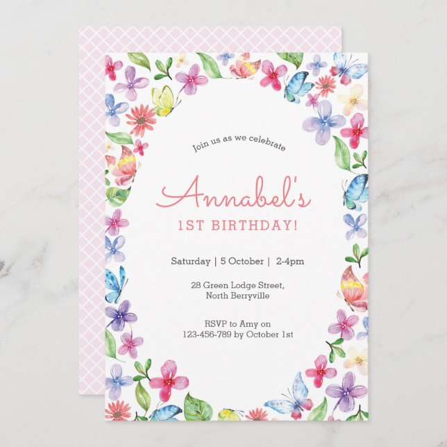 Flores borboletas Convite de aniversário (Frente/Verso)