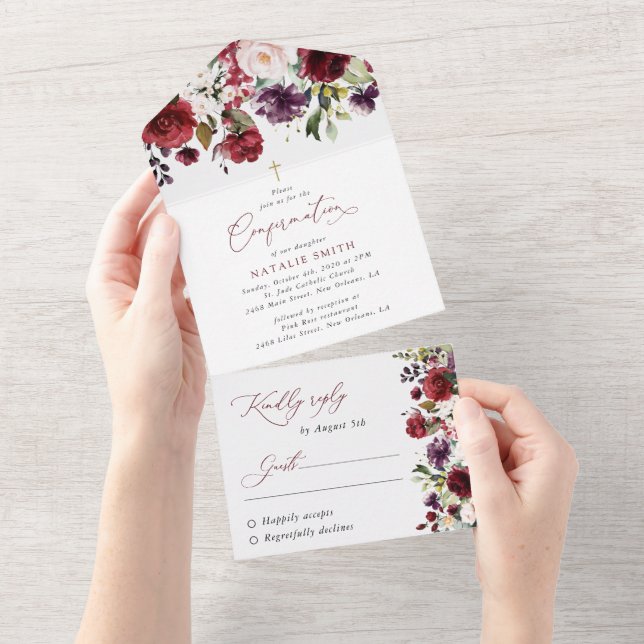 Flores Borgonha, Flores Rosa, Boho, Confirmação (Aba destacável)
