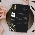 Flores Botânicas Escuras | Menu Casamento Elegante<br><div class="desc">Esses menus brancos de casamento apresentam uma borda lateral de amarelo ilustrado,  colorido,  laranja,  e flores brancas silvestres e folhas verdes em uma cinza escura de carvão / fundo preto. Um design simples que é simultaneamente boho e elegante.</div>