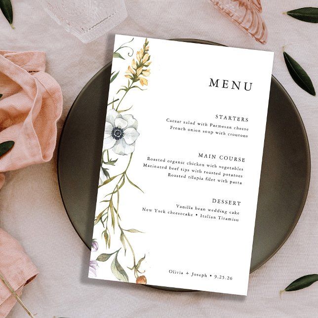 Flores Botânicas | Menu Casamento Elegante (A trendy and whimsical wedding menu featuring colorful wildflowers)
