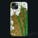 Flores brancas e caules verdes na fronteira castan<br><div class="desc">Flores brancas pendem caules verdes nesta peça de Chariklia Zarris. Colocada sobre um fundo bronzeado e cercada por uma borda marrom esta é uma pintura simples,  mas elegante. Adicione-o à sua casa e aproveite a beleza!</div>