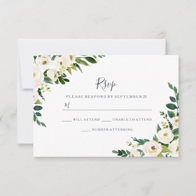 Flores Brancas Elegantes RSVP de Casamento Moderno (Frente)