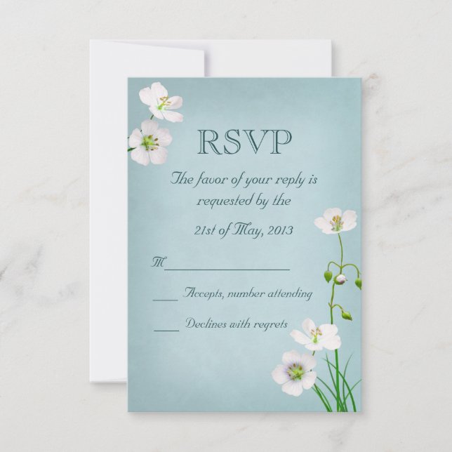 Flores Brancas na RSVP de Casamento Azul (Frente)