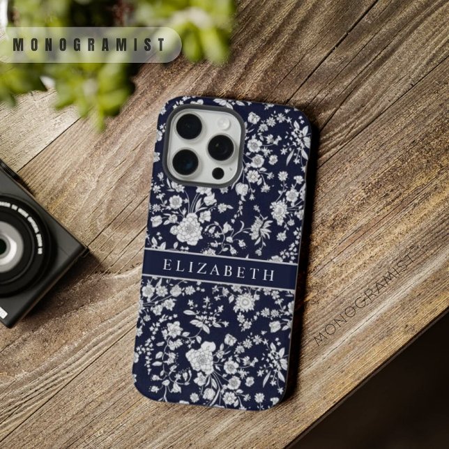 Flores Brancas Prateadas Florais Azul Marinho Escu (Custom Dark Navy Blue Floral Silver White Flowers iPhone Case)