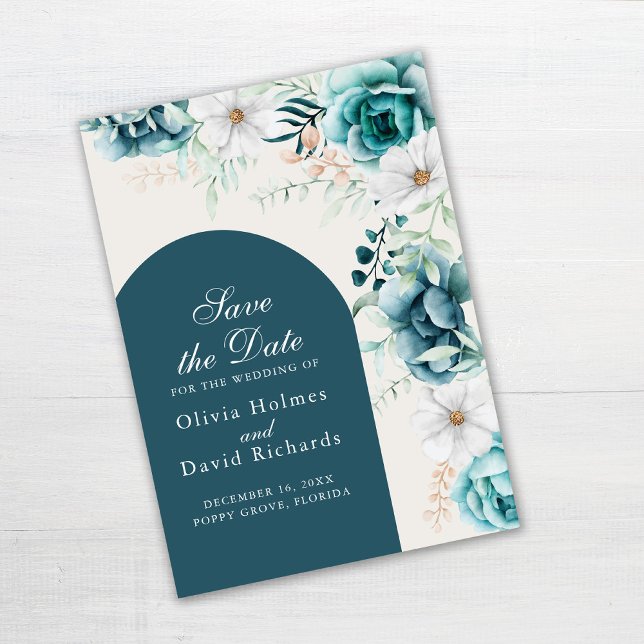 Flores bravas e esbranquiçadas Salvem o Cartão de  (Teal and Turquoise Save the Date Card on gray table)