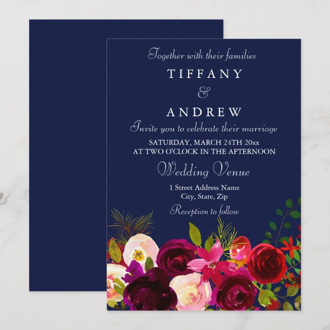 Flores Burgundy Convite para Casamento de Marinhos (Frente/Verso)