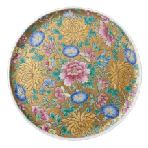Flores Chinoiserie Millefleur Dourado Cerâmico 