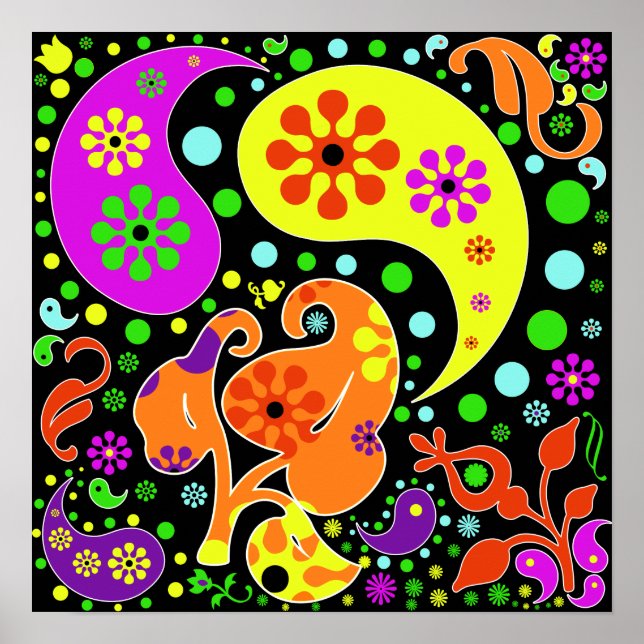 Flores Coloridas Funky Retro Paisley Hippie Poster (Frente)