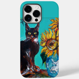 FLORES COM GATO PRETO NO CASO TURQUOISTA AZUL M