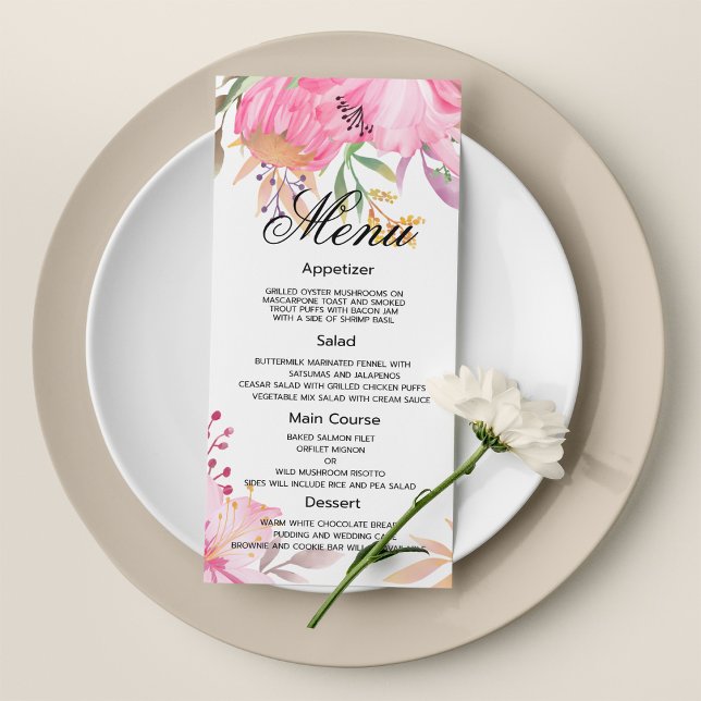 Flores cor-de-água rosa botânico Menu Casamento (Botanic pink watercolor flowers Wedding Menu)