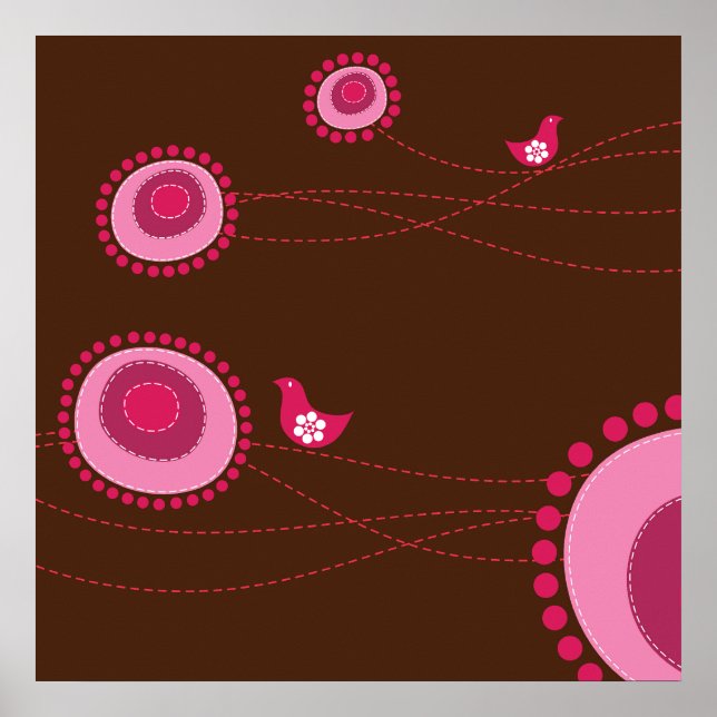 Flores cor-de-rosa e Poster de aves felizes (Frente)