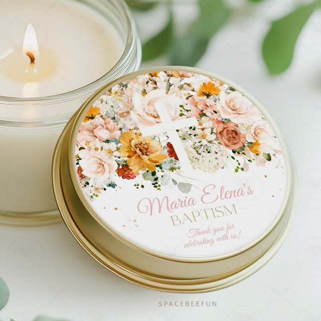 Flores de aquarela e autocolante de batismo dourad (watercolor flowers sticker, gold baptism sticker, christening sticker, floral baptism sticker, elega)