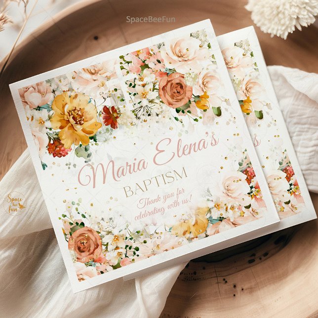 Flores de aquarela e guardanapos de ouro religioso (watercolor religious napkins, gold accent napkins, floral communion napkins, baptism napkins, elegan)