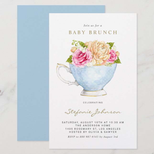 Flores de Aquarela no Teacup Baby Brunch Invite (Frente/Verso)