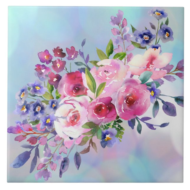 Flores de Aquarela Porta copos Azulejo cerâmico Qu (Frente)