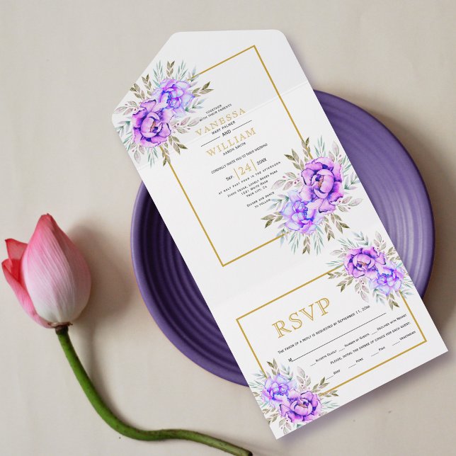 Flores de aquarela púrpura e deixa casamento de ou (Criador carregado)