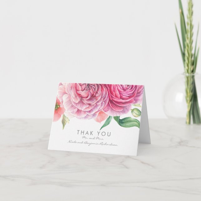 Flores de aquarela rosa agradecimento de casamento (Frente)