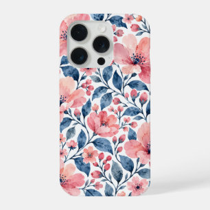 Flores de Aquarela Rosa Bege com Folhas Azuis
