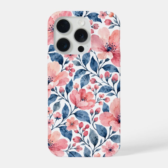Flores de Aquarela Rosa Bege com Folhas Azuis (Verso)