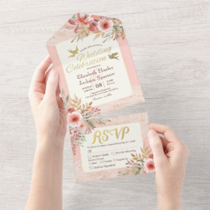 Flores de Aquarela Rosa Dourada Confetti Casamento