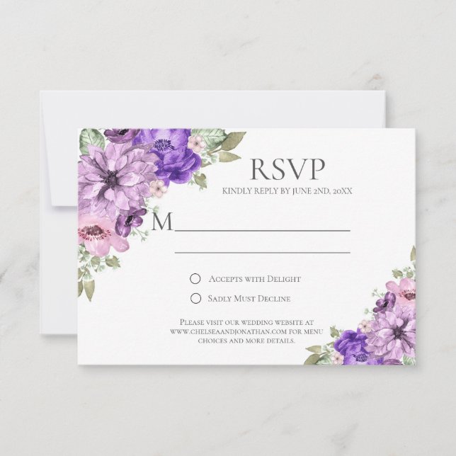 Flores de Aquarela Rosa Púrpura Ultra Violeta RSVP (Frente)