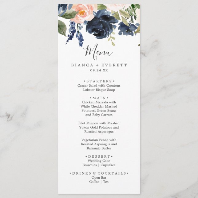 Flores de Blush e Marinho | Menu Janto Casamento B (Frente)