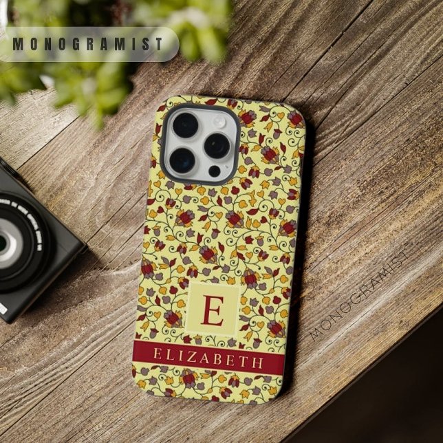 Flores de Cinza Vermelha Floral Amarelo Pálida Per (Customizable Pale Yellow Floral Red Grey Flowers iPhone Case)