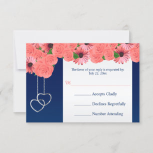 Flores de Coral de Cartão RSVP de Casamento e Azul