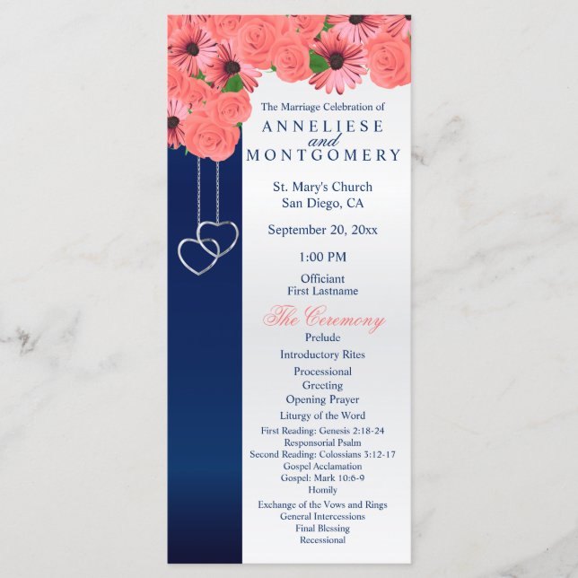 Flores de Coral e Azul Marinho - Programa (Frente)