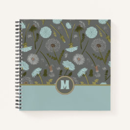 Flores de Dandelion Monogramas Cinzas Azul