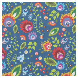 🌹 🌺 flores de 🌷 Folk no tecido azul clássico