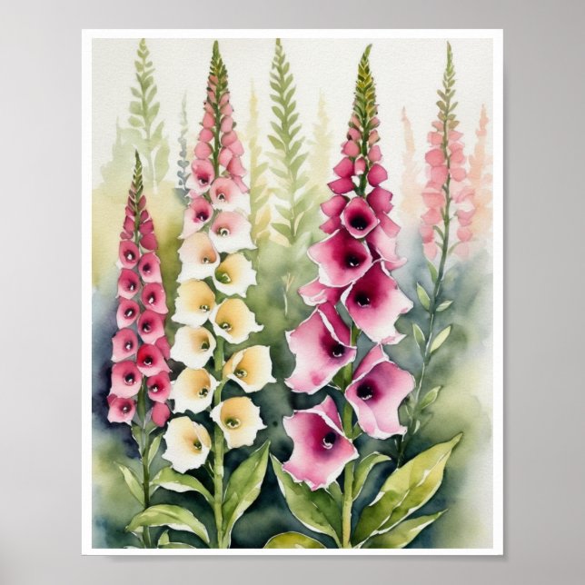 Flores de Foxglove Poster de cor de água artesanal (Frente)