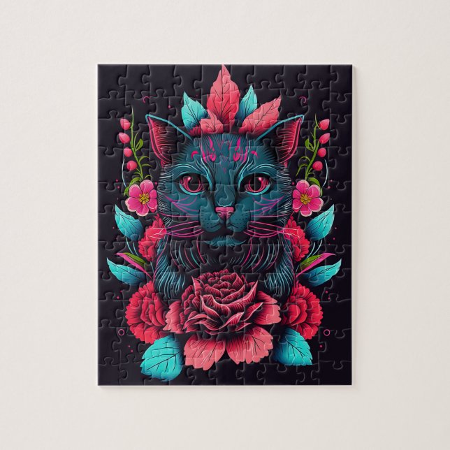 FLORES DE GATO PRETO FANTASY JIGSAW QUEBRA-CABEÇA (Vertical)