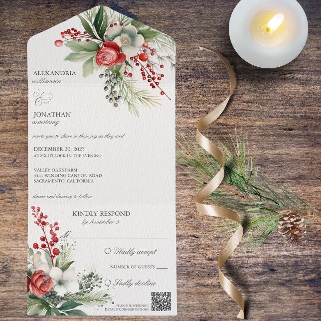 Flores de inverno, Berries e Pinheiros Elegantes C (Also available without QR code. )